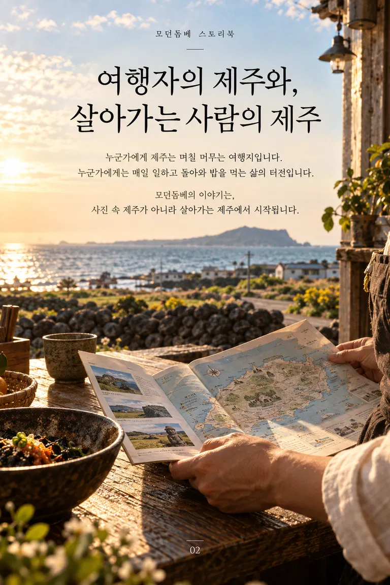 모던돔베 스토리북 여행자의 제주와, 살아가는 사람의 제주 누군가에게 제주는 며칠 머무는 여행지입니다. 누군가에게는 매일 일하고 돌아와 밥을 먹는 삶의 터전입니다. 모던돔베의 이야기는, 사진 속 제주가 아니라 살아가는 제주에서 시작됩니다.
