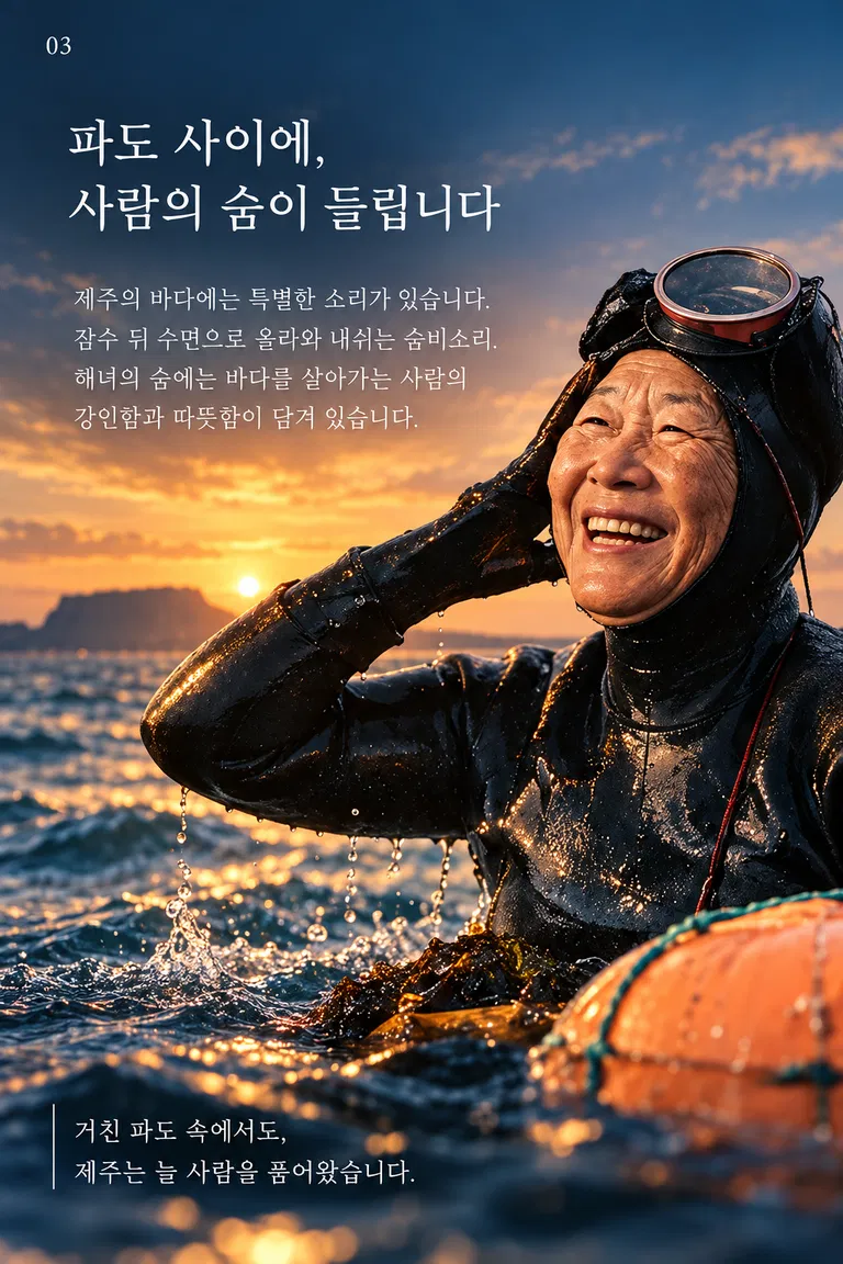 파도 사이에, 사람의 숨이 들립니다 제주의 바다에는 특별한 소리가 있습니다. 잠수 뒤 수면으로 올라와 내쉬는 숨비소리. 해녀의 숨에는 바다를 살아가는 사람의 강인함과 따뜻함이 담겨 있습니다. 거친 파도 속에서도, 제주는 늘 사람을 품어왔습니다.