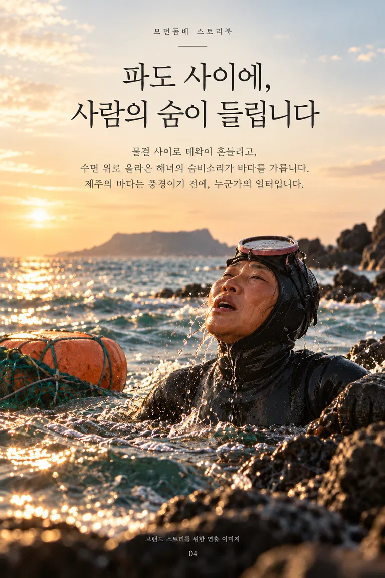 모던돔베 스토리북 파도 사이에, 사람의 숨이 들립니다 물결 사이로 테왁이 흔들리고, 수면 위로 올라온 해녀의 숨비소리가 바다를 가릅니다. 제주의 바다는 풍경이기 전에, 누군가의 일터입니다.