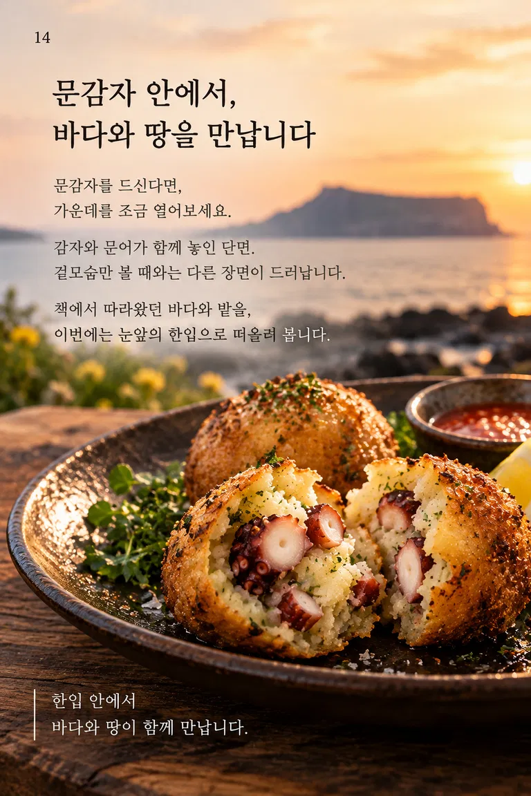문감자 안에서, 바다와 땅을 만납니다 문감자를 드신다면, 가운데를 조금 열어보세요. 감자와 문어가 함께 놓인 단면. 겉모습만 볼 때와는 다른 장면이 드러납니다. 책에서 따라왔던 바다와 밭을, 이번에는 눈앞의 한입으로 떠올려 봅니다. 한입 안에서 바다와 땅이 함께 만납니다.